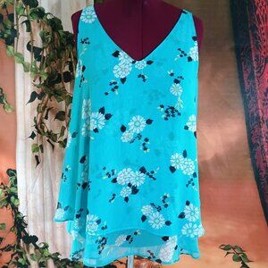 EUC Lane Bryant Sz 18 Blue Floral V-Neck Double Layer Chiffon Swing Sleeveless